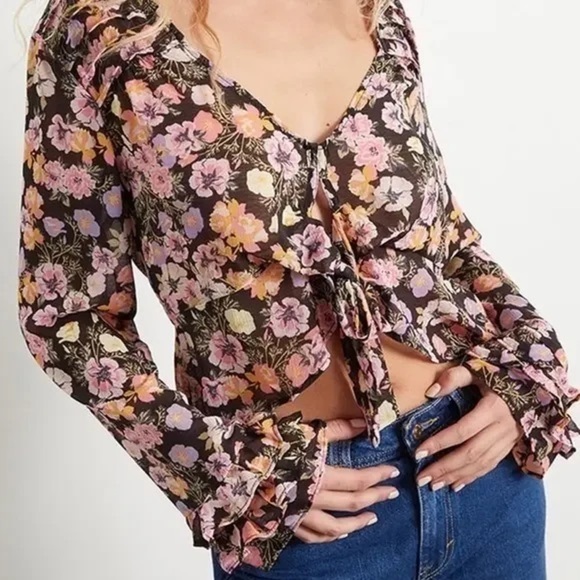 Free People Tops - Free People Long Sleeve Maybel Blouse Women's Floral Print Black Combo Size XS